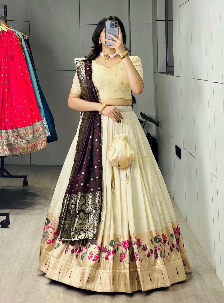 Royal Wine Paithani Silk Lehenga with Floral Zari Weaving and Colored Border by The Beauty Queen Surat