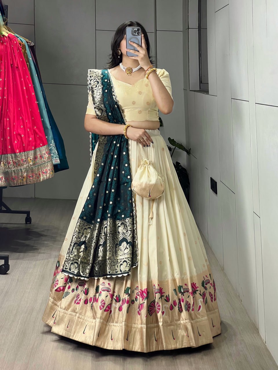 Royal Rama Green Paithani Silk Lehenga with Floral Zari Weaving and Contrast Border by The Beauty Queen Surat