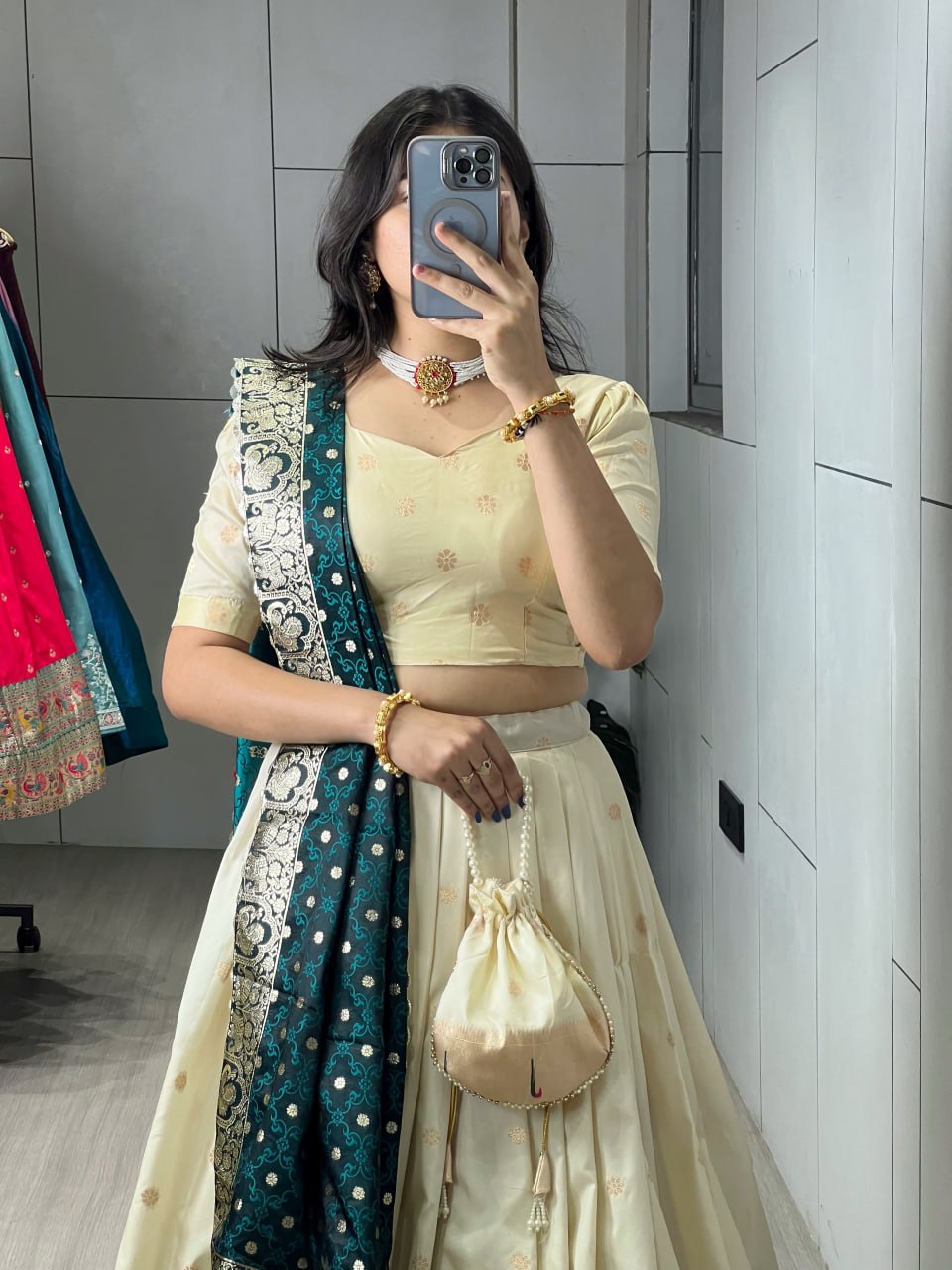 Rama Green Paithani Silk Lehenga with Floral Zari Weaving & Designer Contrast Border