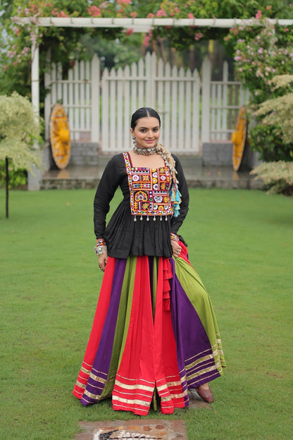 Purple Green Reyon With Attractive Gota Patti Lace Navratri Lehenga