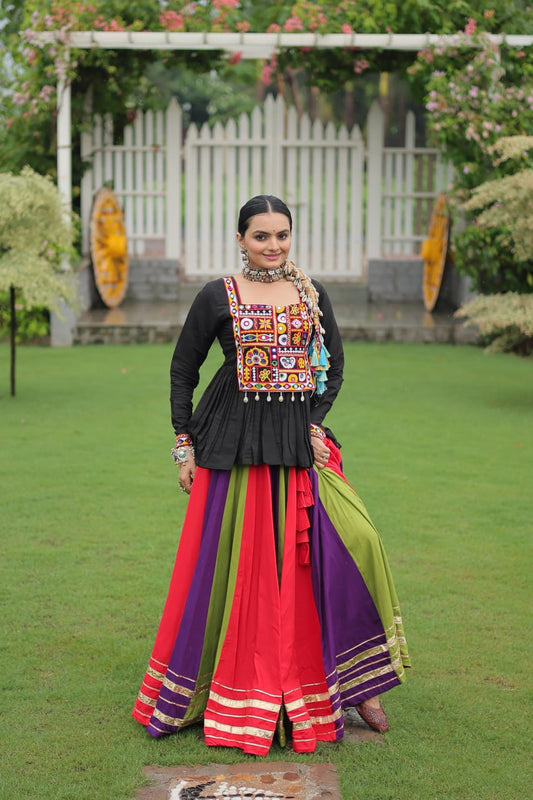 Purple Green Reyon With Attractive Gota Patti Lace Navratri Lehenga