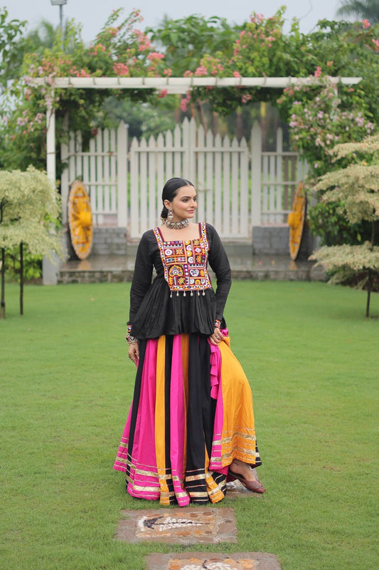 Yellow Black Reyon With Attractive Gota Patti Lace Navratri Lehenga