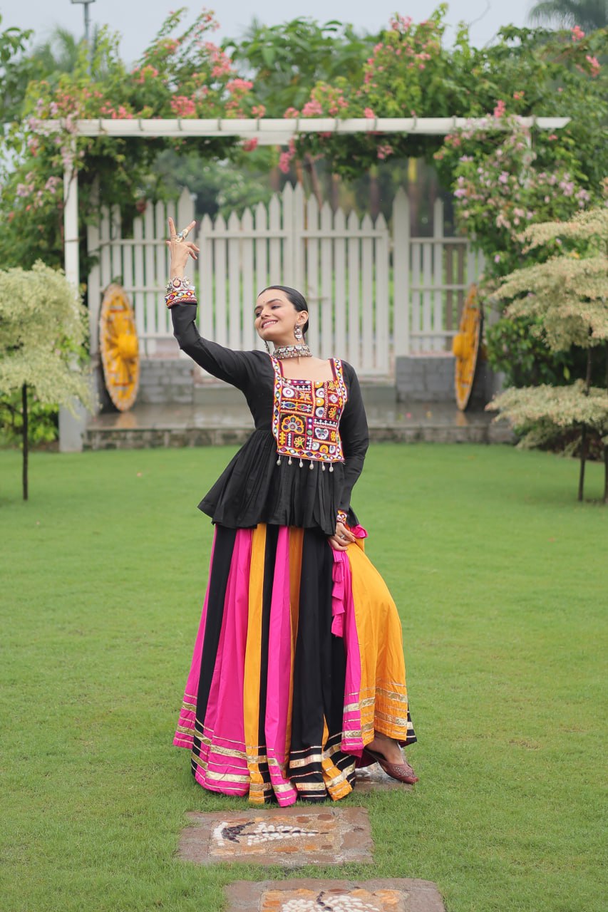 Yellow Black Reyon With Attractive Gota Patti Lace Navratri Lehenga