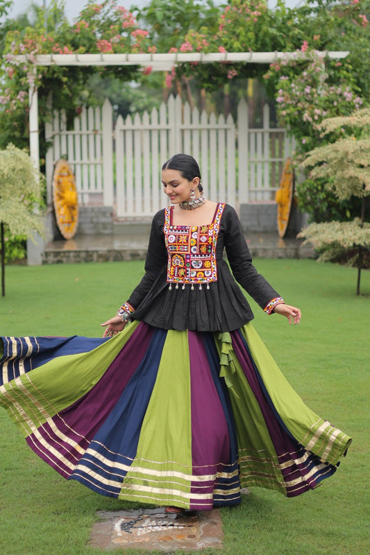 Green Blue Reyon With Attractive Gota Patti Lace Navratri Lehenga
