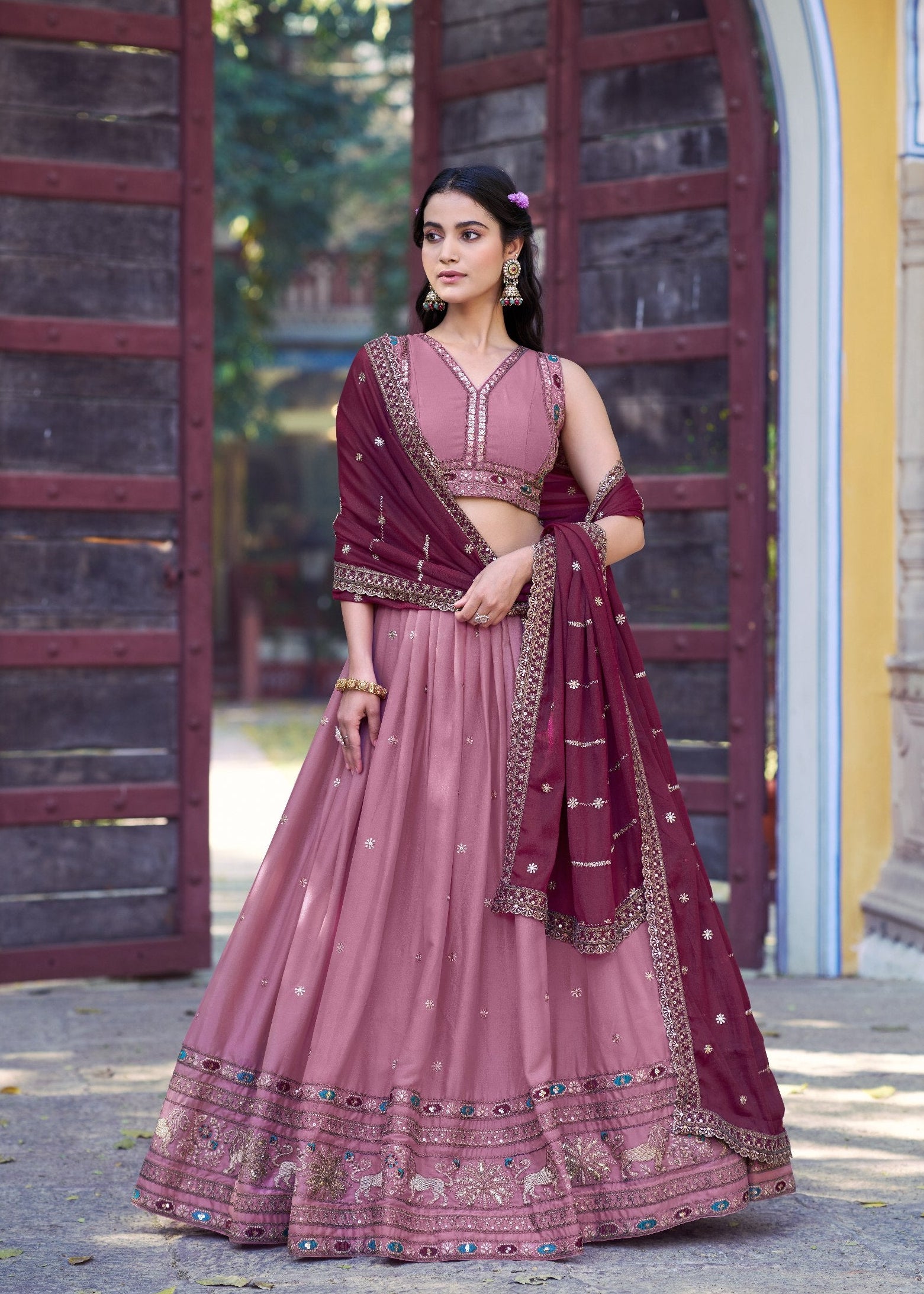 Dusty Pink Star Georgette Lehenga Choli with Wine Dupatta and Zari Resham Embroidery Work by The Beauty Queen Surat