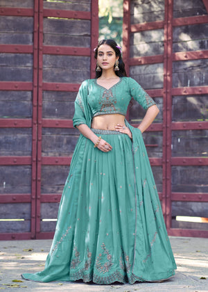 Sea Green Star Georgette Lehenga Choli with Zari, Resham, and Sequins Butti Work by The Beauty Queen Surat