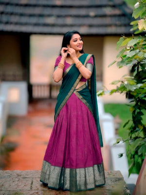 Magenta and Bottle Green Dola Silk Lehenga with Chex Pattern and Traditional Zari Weaving Work by The Beauty Queen Surat