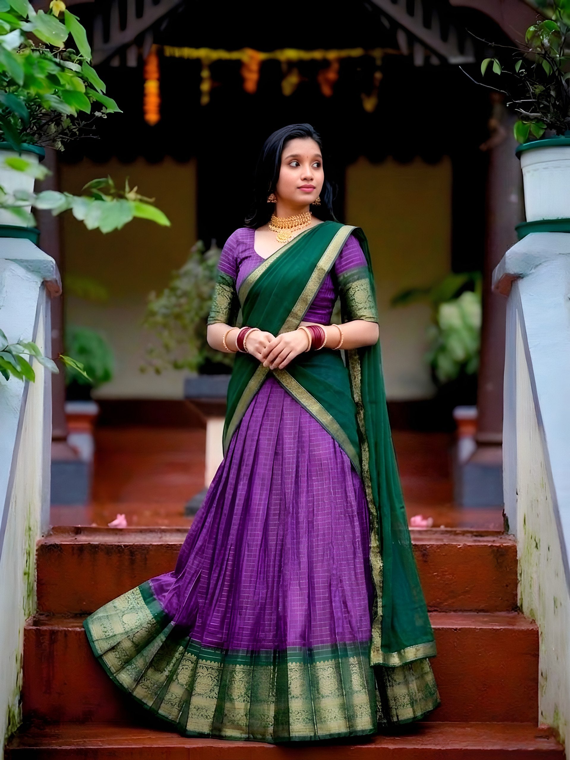 Purple and Bottle Green Dola Silk Lehenga with Chex Pattern and Traditional Zari Weaving Work by The Beauty Queen Surat
