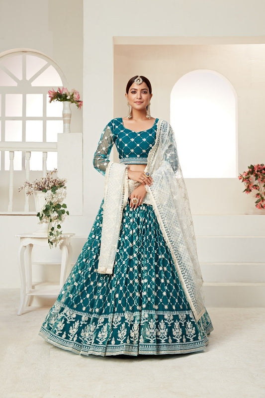 Teal Green Net Multi And Sequence Work Butterfly Net Lehenga Choli