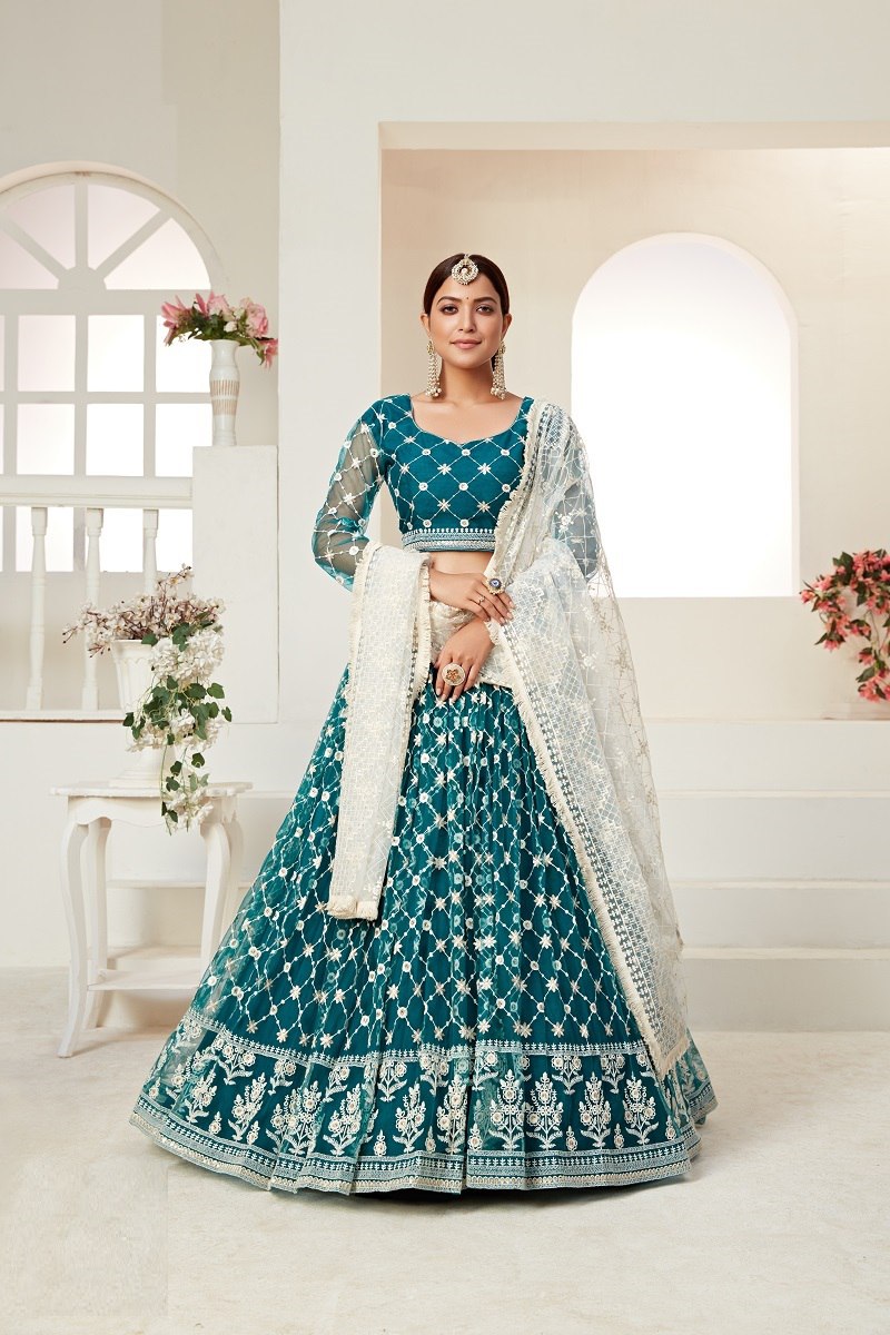 Teal Green Net Multi And Sequence Work Butterfly Net Lehenga Choli