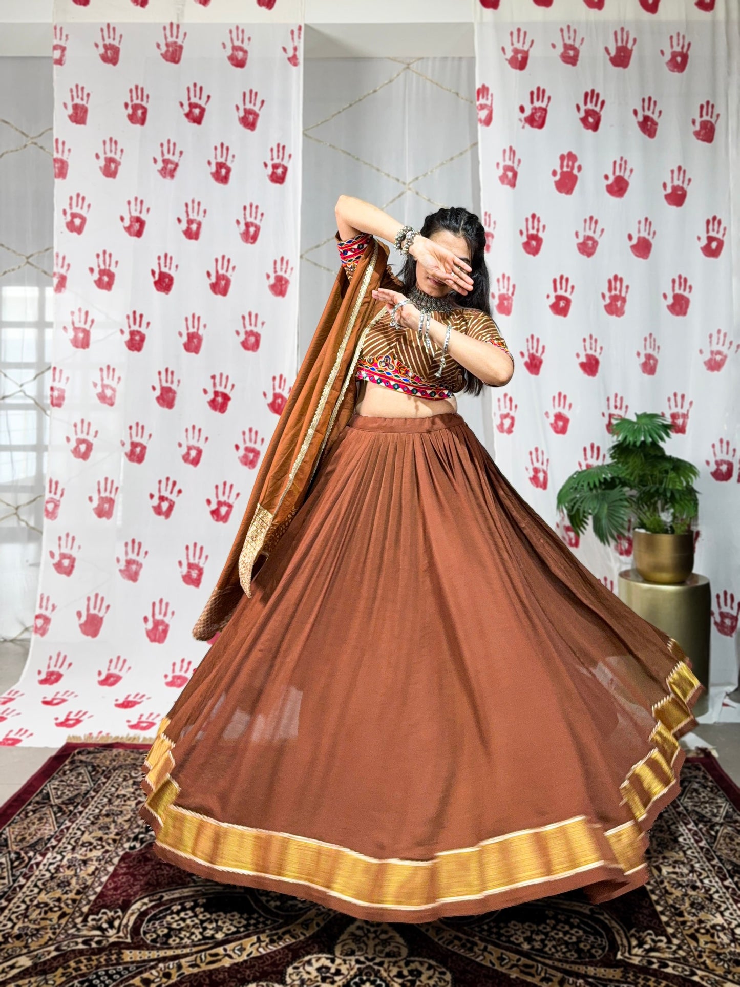 Brown Pure Chanderi Zari Weaving Work With Gotta Patti Navratri Lehenga Choli