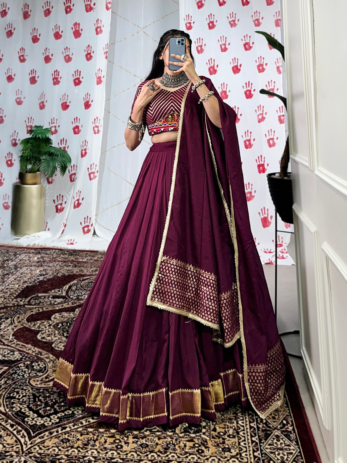 Wine Pure Chanderi Zari Weaving Work With Gotta Patti Navratri Lehenga Choli