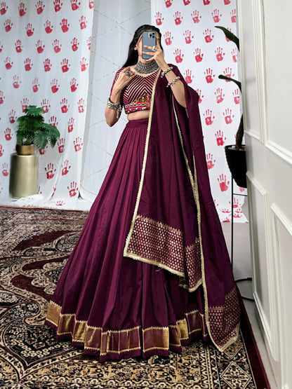 Wine Pure Chanderi Zari Weaving Work With Gotta Patti Navratri Lehenga Choli