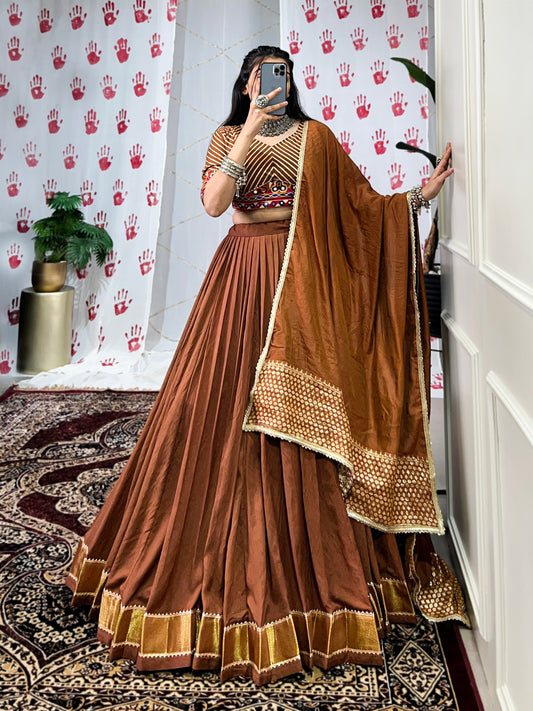Brown Pure Chanderi Zari Weaving Work With Gotta Patti Navratri Lehenga Choli