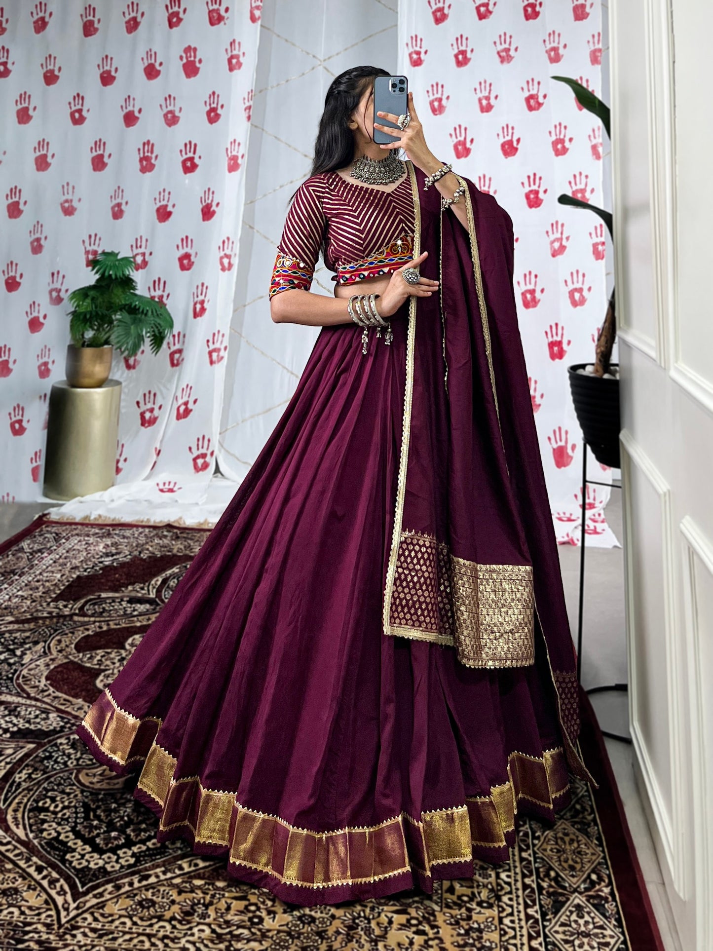 Wine Pure Chanderi Zari Weaving Work With Gotta Patti Navratri Lehenga Choli