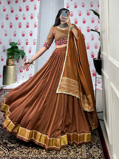 Brown Pure Chanderi Zari Weaving Work With Gotta Patti Navratri Lehenga Choli