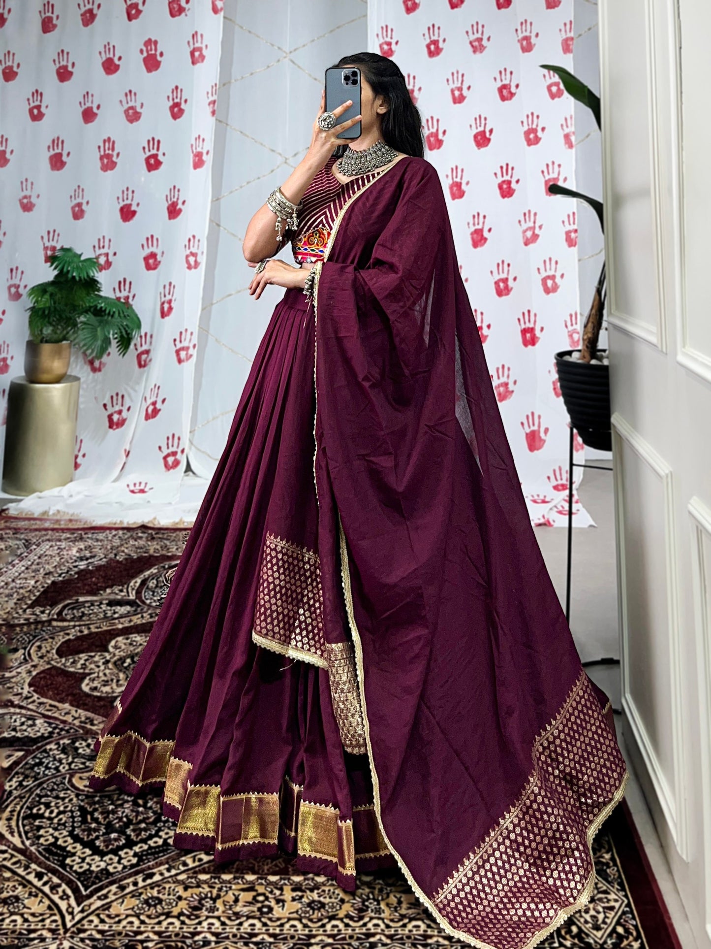 Wine Pure Chanderi Zari Weaving Work With Gotta Patti Navratri Lehenga Choli