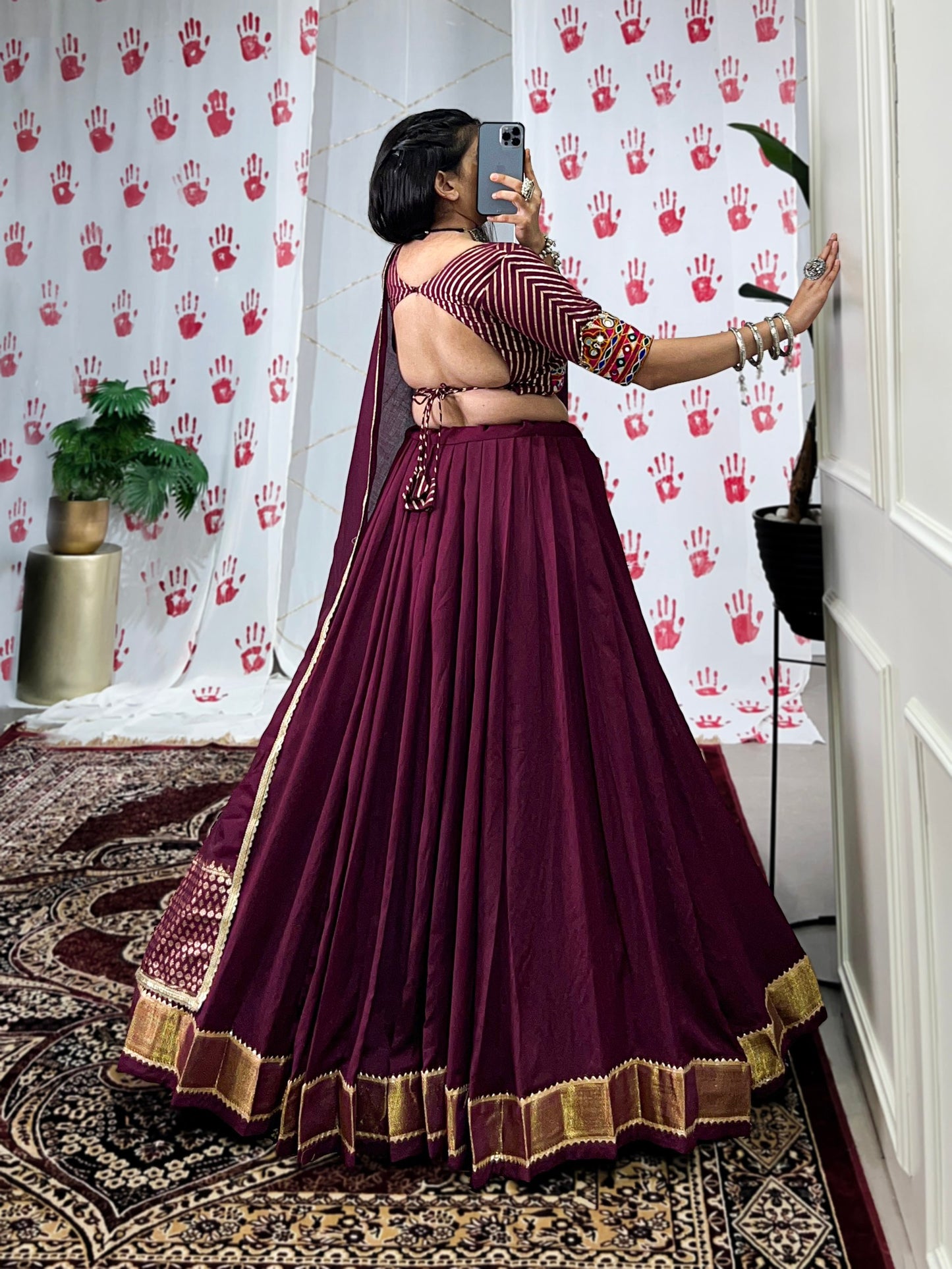 Wine Pure Chanderi Zari Weaving Work With Gotta Patti Navratri Lehenga Choli