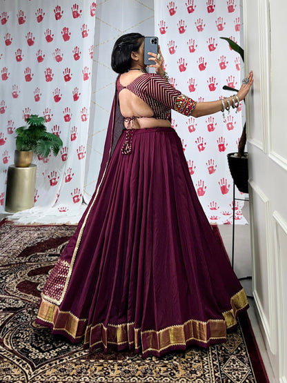 Wine Pure Chanderi Zari Weaving Work With Gotta Patti Navratri Lehenga Choli