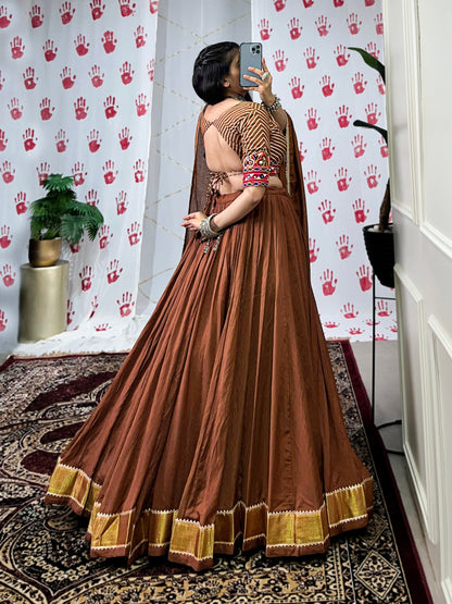 Brown Pure Chanderi Zari Weaving Work With Gotta Patti Navratri Lehenga Choli