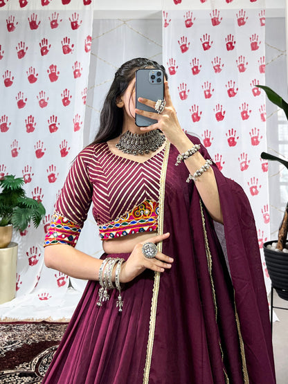 Wine Pure Chanderi Zari Weaving Work With Gotta Patti Navratri Lehenga Choli