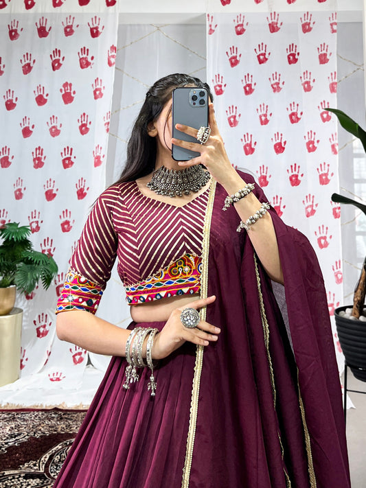 Wine Pure Chanderi Zari Weaving Work With Gotta Patti Navratri Lehenga Choli