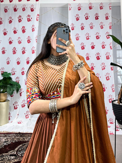 Brown Pure Chanderi Zari Weaving Work With Gotta Patti Navratri Lehenga Choli