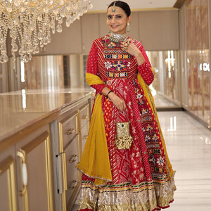 Red heavy muslin cotton Navratri lehenga choli with digital print and real mirror work
