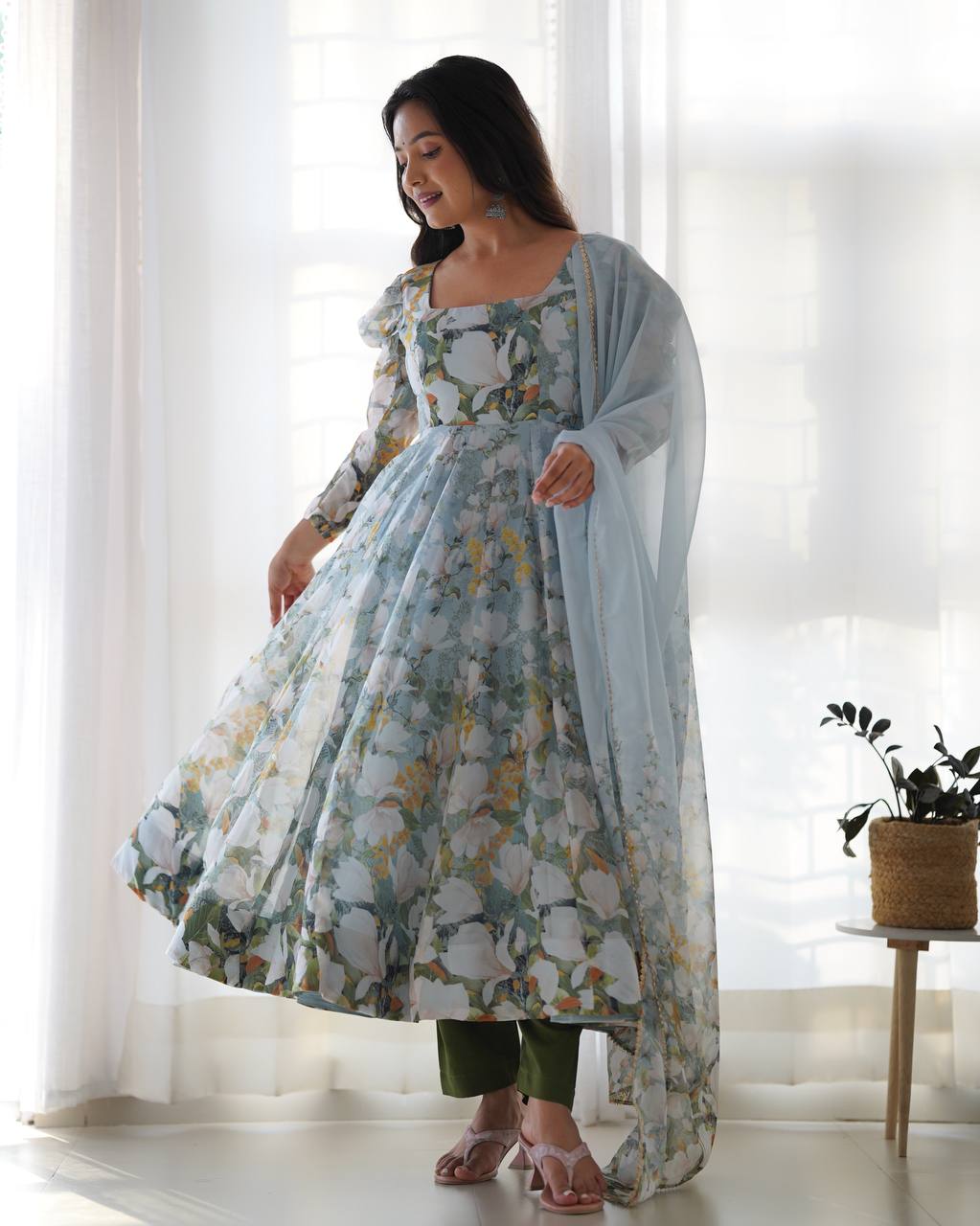 Green Pure Soft Organja Silk Floral Print Anarkali Salwar Suit