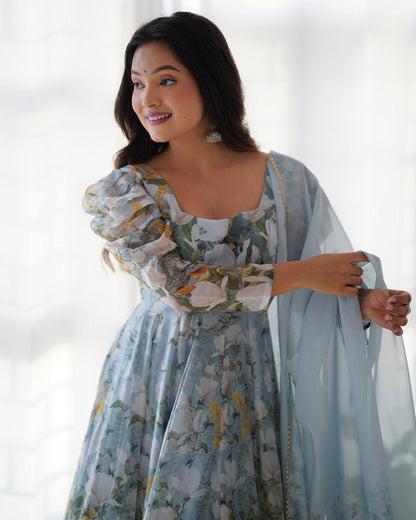 Green Pure Soft Organja Silk Floral Print Anarkali Salwar Suit