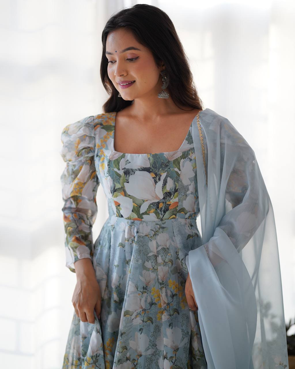 Green Pure Soft Organja Silk Floral Print Anarkali Salwar Suit