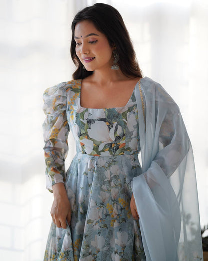 Green Pure Soft Organja Silk Floral Print Anarkali Salwar Suit