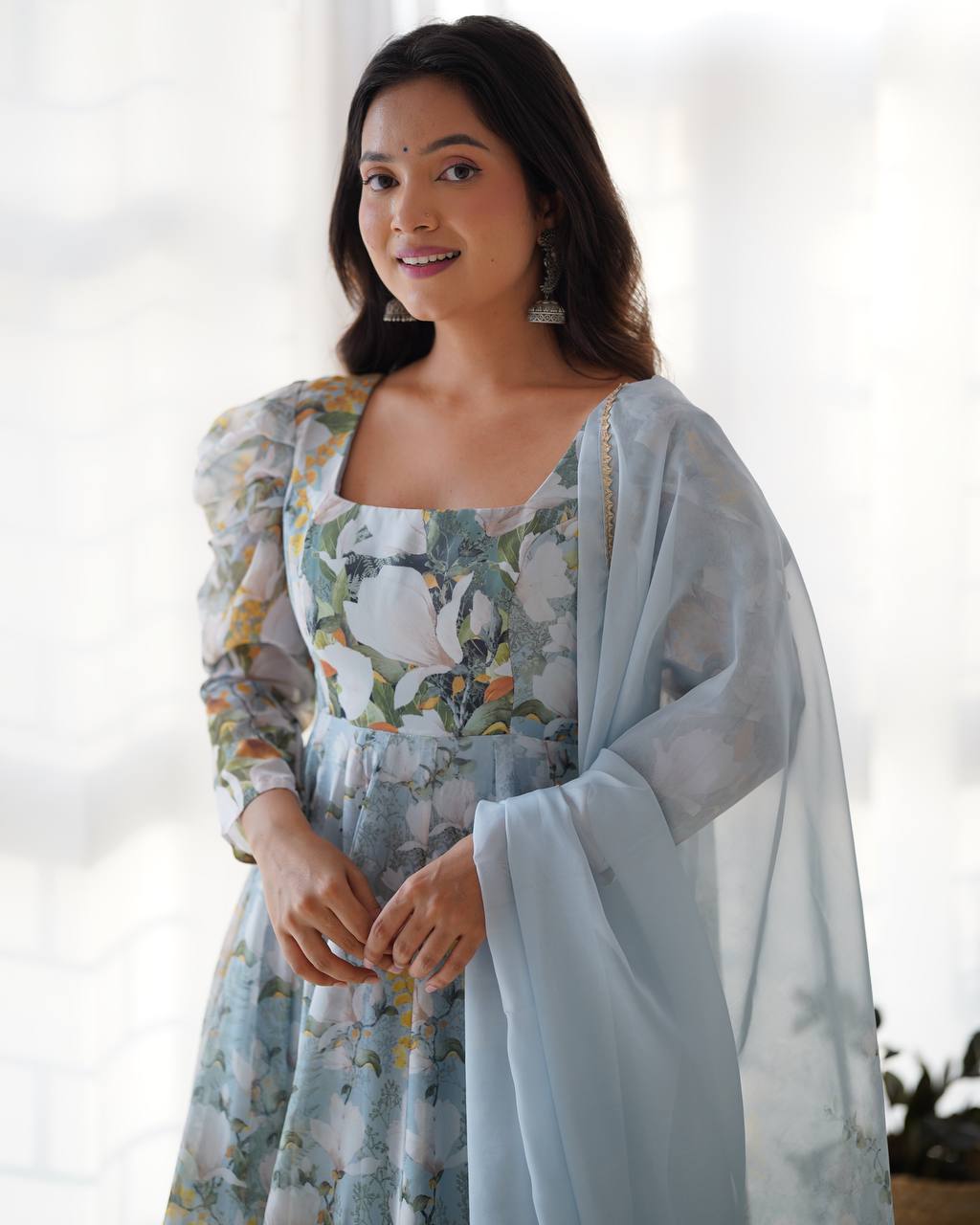 Green Pure Soft Organja Silk Floral Print Anarkali Salwar Suit