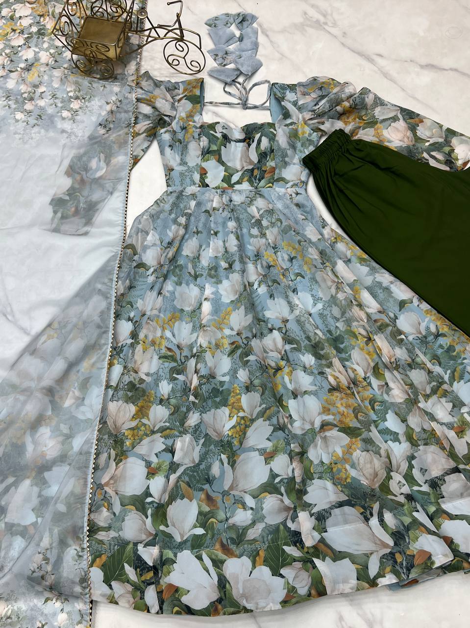 Green Pure Soft Organja Silk Floral Print Anarkali Salwar Suit