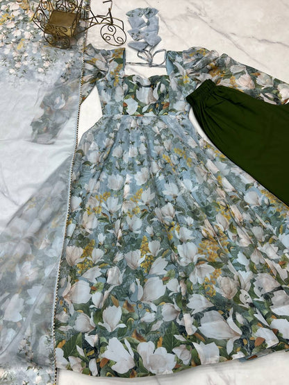 Green Pure Soft Organja Silk Floral Print Anarkali Salwar Suit