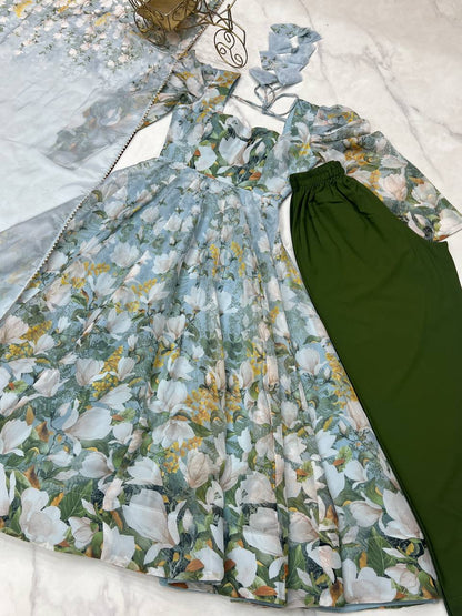 Green Pure Soft Organja Silk Floral Print Anarkali Salwar Suit