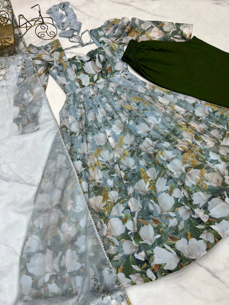 Green Pure Soft Organja Silk Floral Print Anarkali Salwar Suit