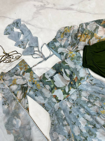 Green Pure Soft Organja Silk Floral Print Anarkali Salwar Suit