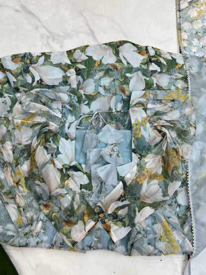 Green Pure Soft Organja Silk Floral Print Anarkali Salwar Suit