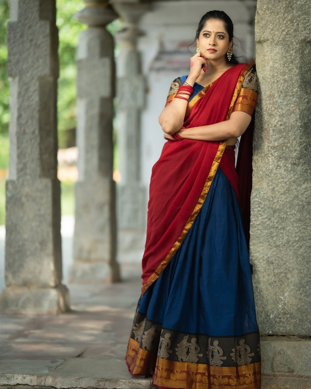 Royal blue and red Kanchi cotton half saree lehenga with figurine temple border
