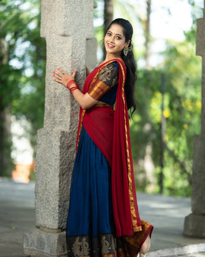 Traditional half saree with woven gold zari figurine border blue red
