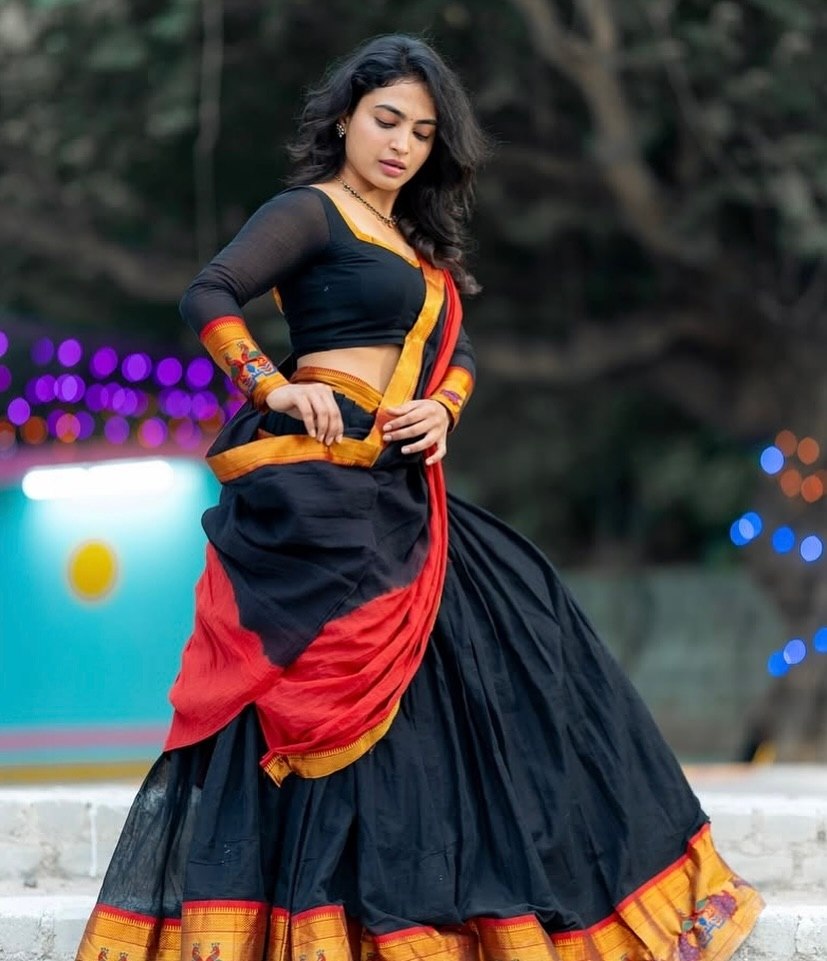 Kanchi cotton pavadai dhavani designer with sheer full sleeve blouse

