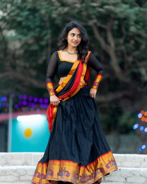 Black and red Kanchi cotton half saree lehenga with peacock Paithani border
