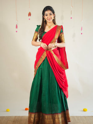 Green and red Kanchi cotton half saree lehenga with gold zari temple border
