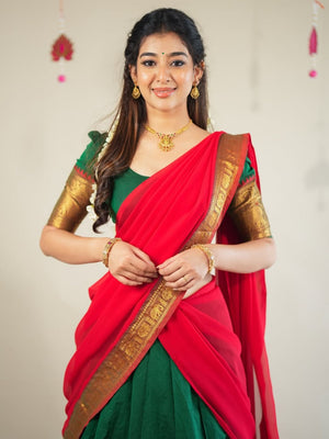 South Indian langa voni in emerald green Kanchi cotton with red dupatta

