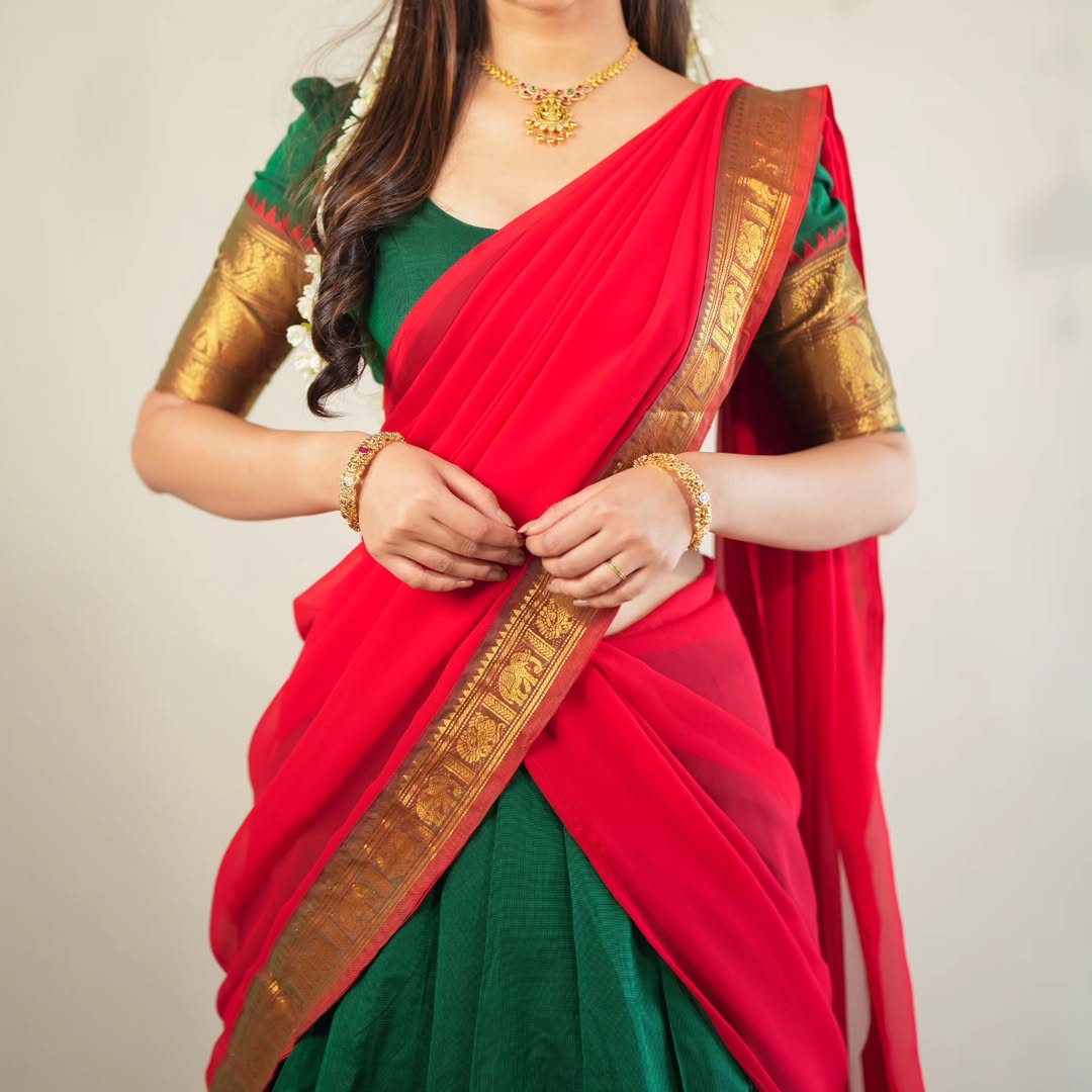 Kanchi cotton pavadai dhavani for temple and half saree ceremony

