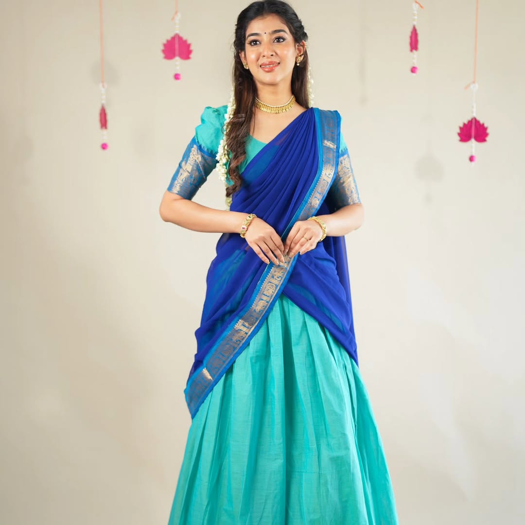 Turquoise and royal blue Kanchi cotton half saree lehenga with zari temple border
