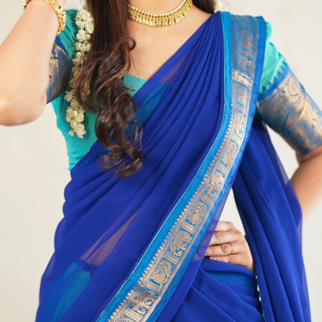 Fresh tonal blue South Indian half saree lehenga aqua with royal blue contrast
