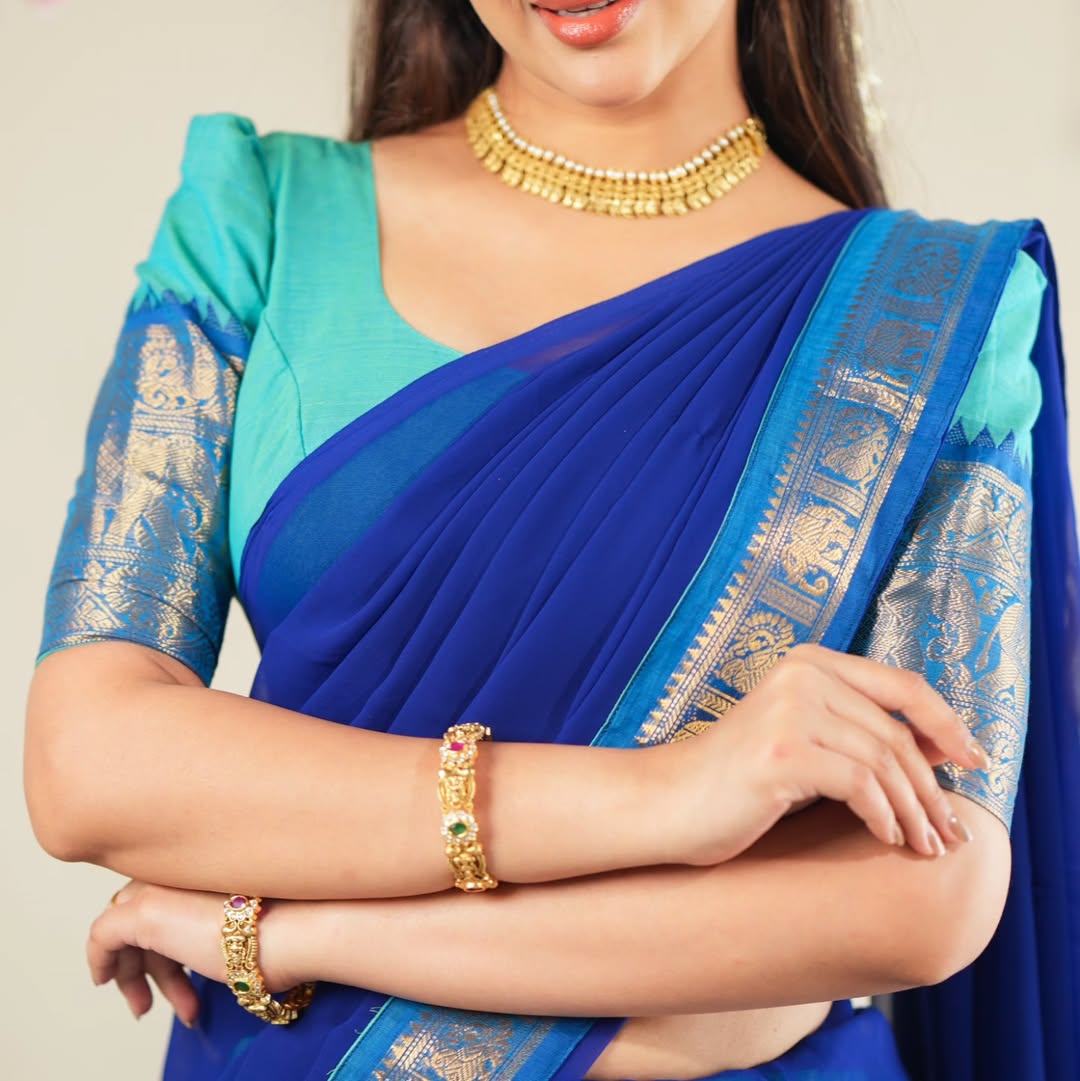 South Indian langa voni in turquoise Kanchi cotton with royal blue dupatta
