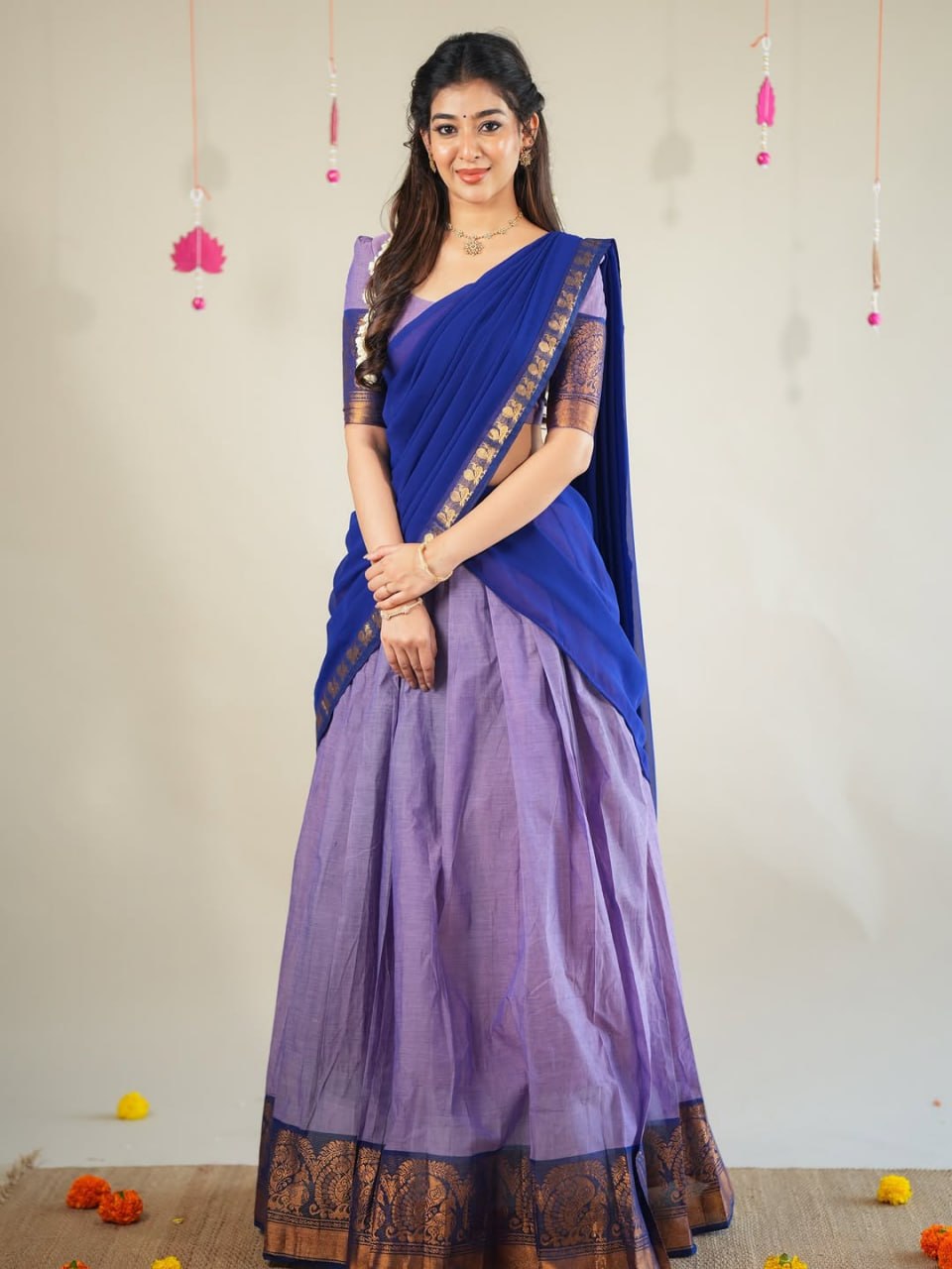 Kanchi cotton pavadai dhavani for temple and college function
